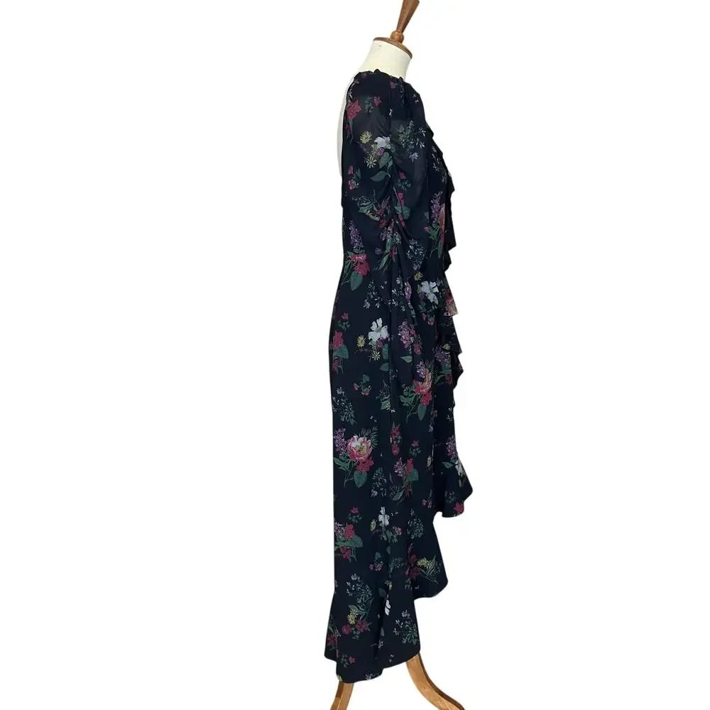 Amur Black Floral Chiffon Midi Dress SIZE 10 Cocktail Romantic Designer $600 - Picture 8 of 10